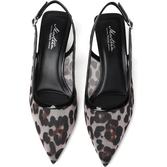 Mostrin Kitten Heels Leopard Mesh Low Slingback Heels with Buckle Dress Shoes - Picture 7 of 9